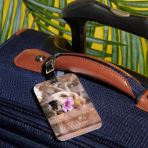 Pet Dog Photo Pink Ribbon Chic Gold Glitter Name Luggage Tag