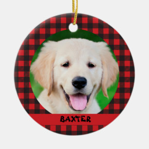 Pet Dog Photo Red Buffalo Plaid Name Ceramic Tree Decoration