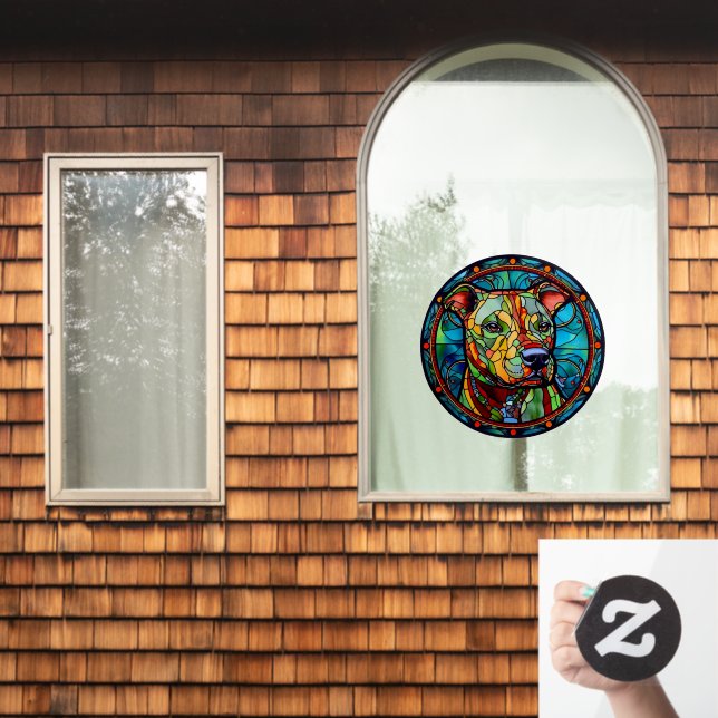 Pet Dog Pit Bull Faux Stained Glass Window Cling (Home Window)