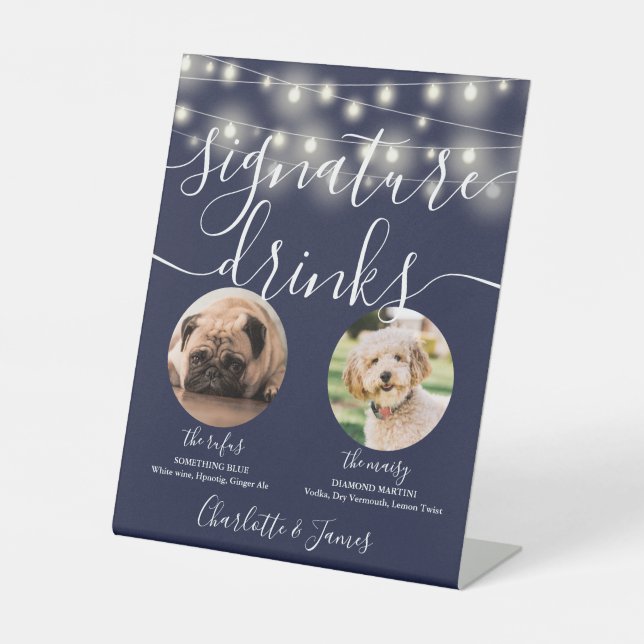 Pet Dog Signature Drinks String Lights Navy Blue Pedestal Sign (Front)