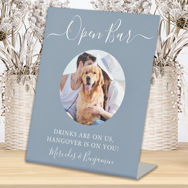 Pet Dog Wedding Open Bar Dusty Blue Custom Photo  Pedestal Sign (Creator Uploaded)