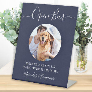 Pet Dog Wedding Open Bar Navy Blue Custom Photo Pedestal Sign