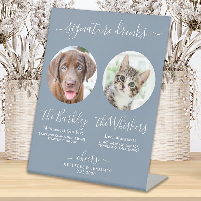 Pet Dog Wedding Signature Drinks Photo Dusty Blue  Pedestal Sign (Creator Uploaded)
