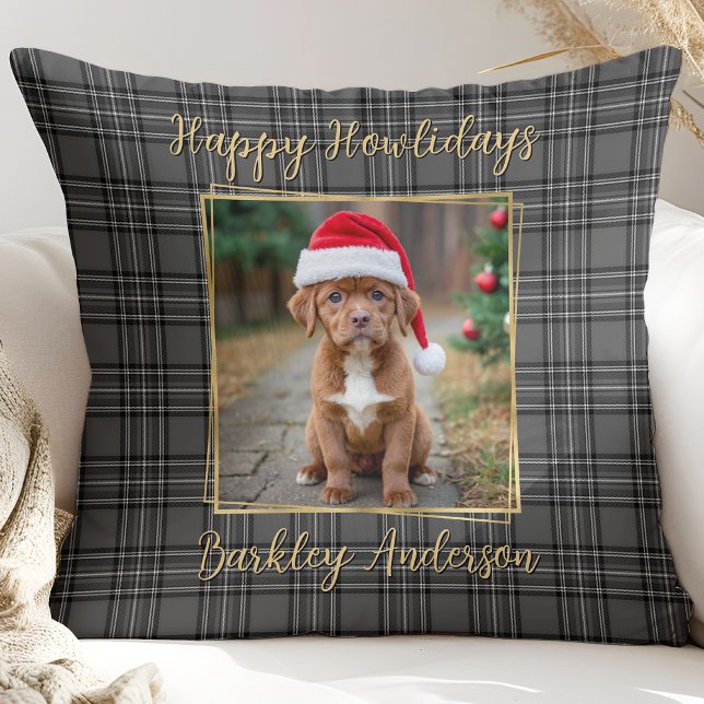 Pet Dog Winter Grey Plaid Custom Gold Modern Photo Cushion (Creator Uploaded)