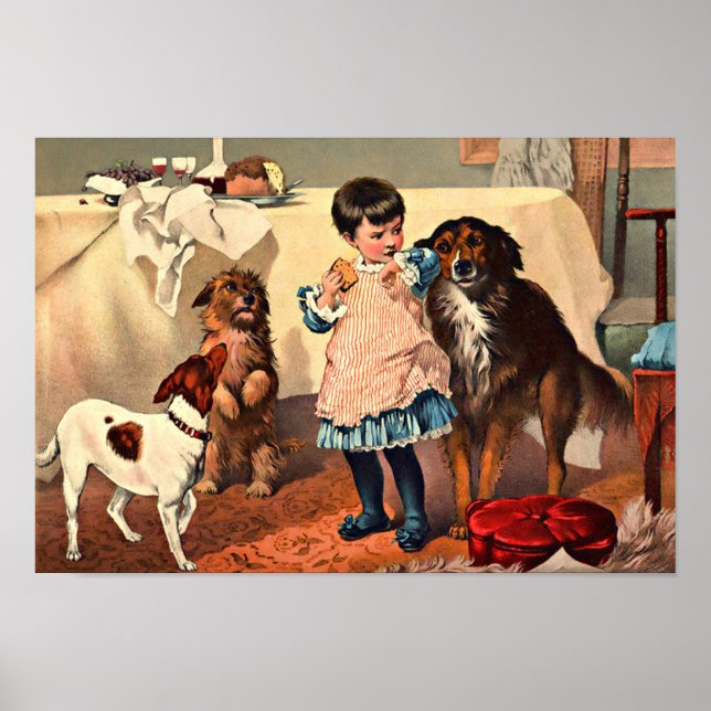 Pet Dogs Begging for Cake Vintage Print (Front)