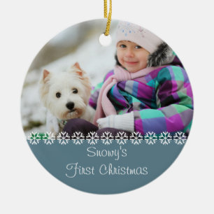 Pet Dogs First Christmas w. Your Own Photo - Blue Ceramic Tree Decoration
