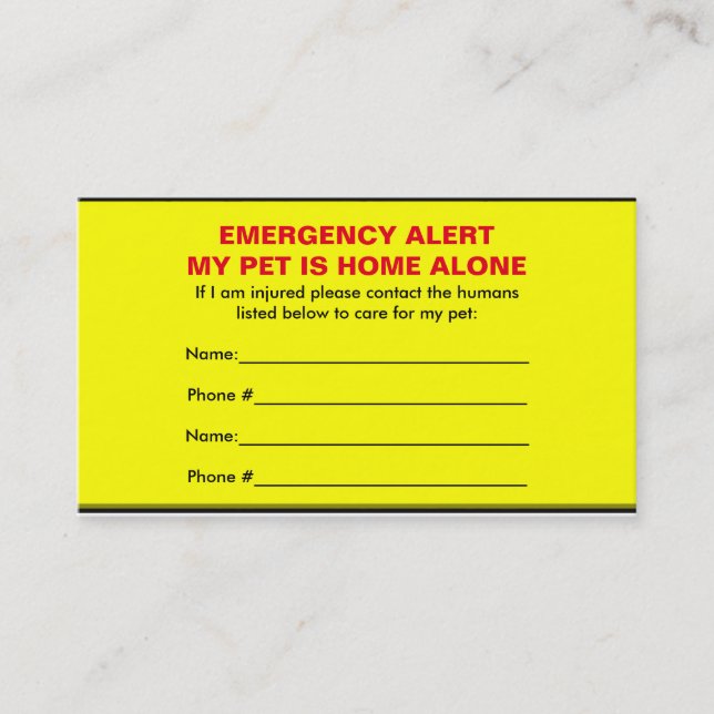 Pet Emergency Alert Home Alone Business Cards (Front)