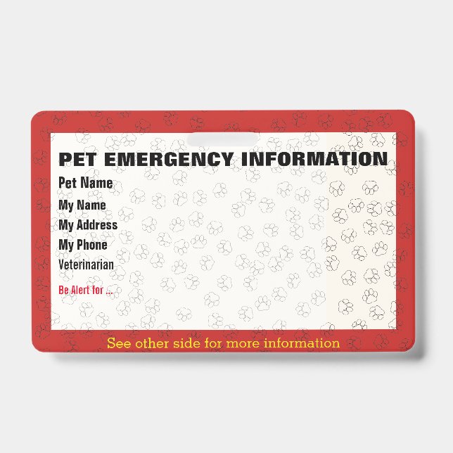 Pet Emergency Information Card Badge ID Badge (Front)