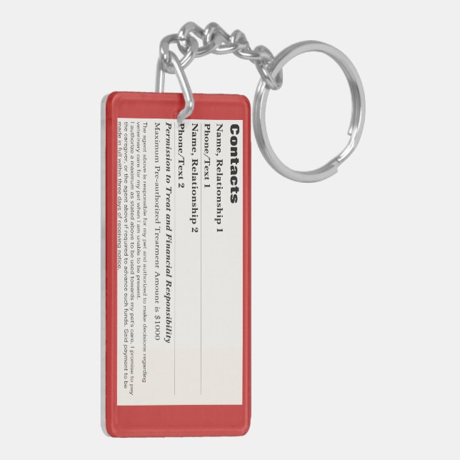 Pet Emergency Information Card v3 Key Ring (Back Left)