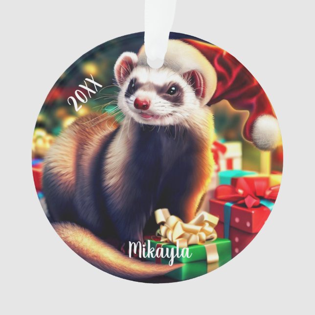  Pet Ferret in Santa Hat Ornament (Front)
