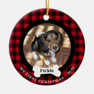 Pet First Christmas Buffalo Plaid 2-photo 2 sided Ceramic Tree Decoration