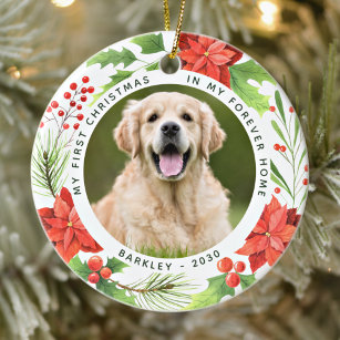 Pet First Christmas Forever Home Wreath Dog Photo Ceramic Tree Decoration