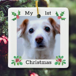 Pet First Christmas Photo Ceramic Ornament<br><div class="desc">Celebrate a 1st Christmas with this cute photo ornament decorated with watercolor festive foliage and berries.
Easily customisable with your pet’s photo.</div>