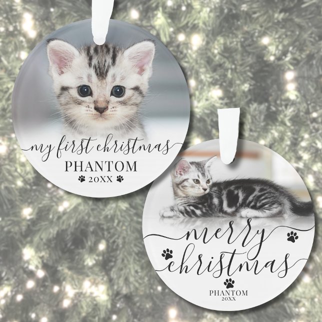 Pet First Christmas Photo Ornament (Pet First Christmas Script Cat Photo Ornament)