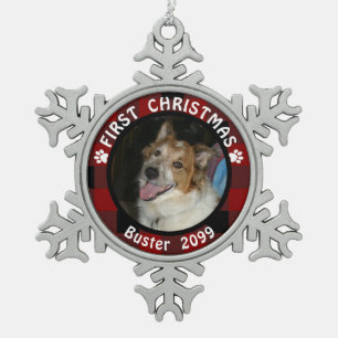 Pet FIRST CHRISTMAS Photo Red Black Buffalo Check Snowflake Pewter Christmas Ornament