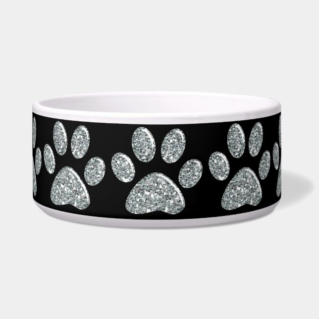 Pet Food Bowl - Light Silver Bling Paw Prints (Front)