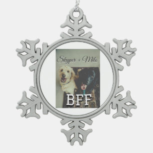 Pet friends besties add name pet photo animal love snowflake pewter christmas ornament