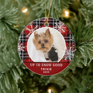 Pet Funny UP TO SNOW GOOD Red Plaid Snowflake Ceramic Tree Decoration