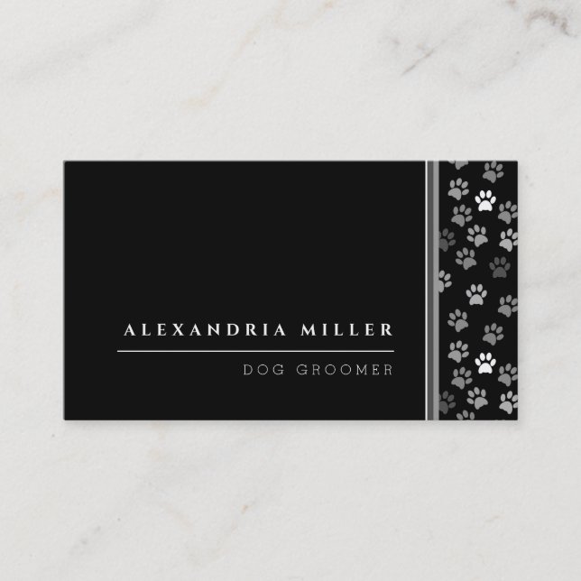 Pet Groomer | Black White & Grey Animal Paw Prints Business Card (Front)
