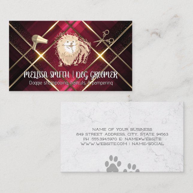 Pet Groomer | Cute Pomeranian | Gold Metal Trim Business Card (Front/Back)