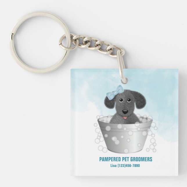 Pet Groomer Puppy In Tub   Key Ring (Front)