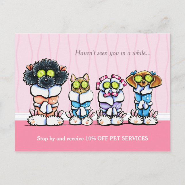 Pet Groomer Spa Dogs Cat Robes Pink Coupon Mailer Postcard (Front)