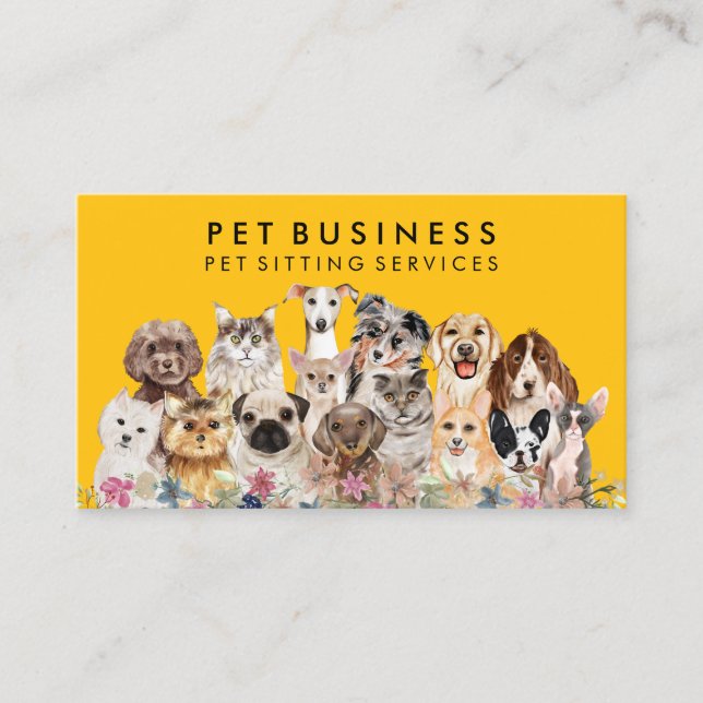 Pet Groomer Spa Dogs Cats yellow black Floral Business Card (Front)