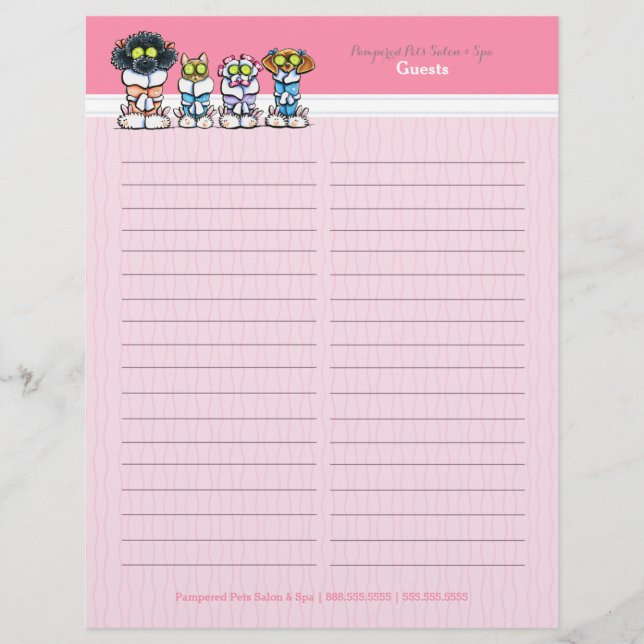 Pet Groomer Spa Robes Pink Sign-In Guest Sheet (Front)
