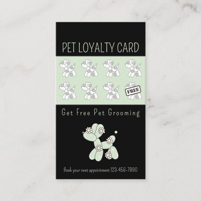 Pet grooming balloon dog green loyalty business card (Front)