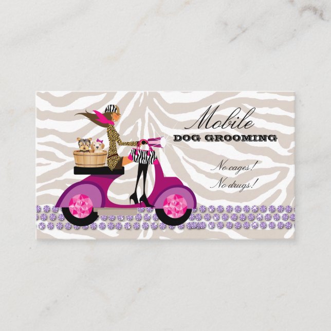 Pet Grooming Business Card Zebra Scooter Brown (Front)