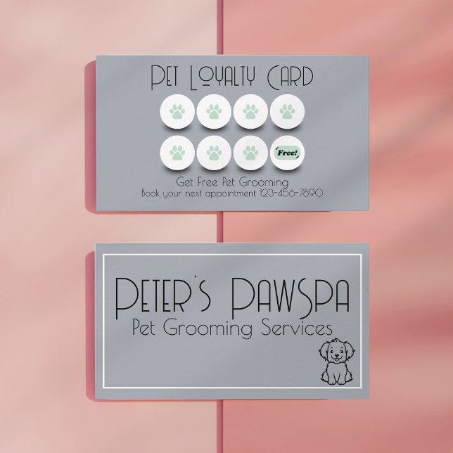 Pet grooming dog paw loyalty business card (pamper dog, dog spa, grooming service, pet or vet loyalty card, dow paws, gray, green business card)