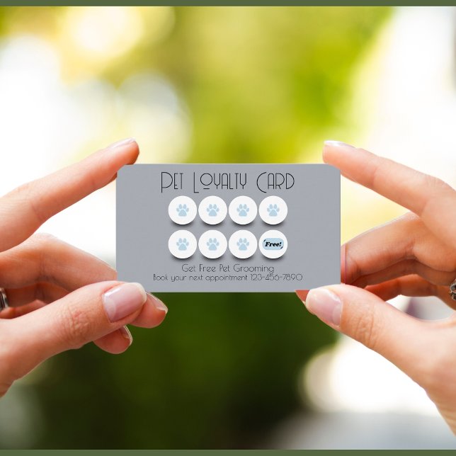 Pet grooming dog paw loyalty business card (Reward returning customers with a free appointment, loyalty card in gray and baby blue)