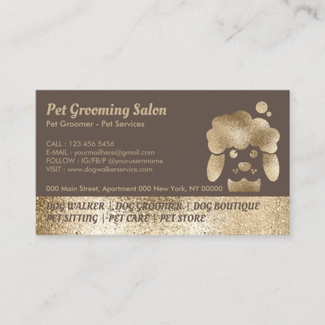 Pet Grooming Salon Gold Sparkle brown Business Card (Front)