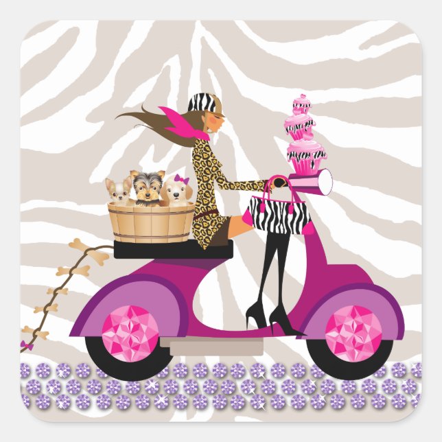 Pet Grooming Stickers Scooter Woman Dogs Zebra (Front)