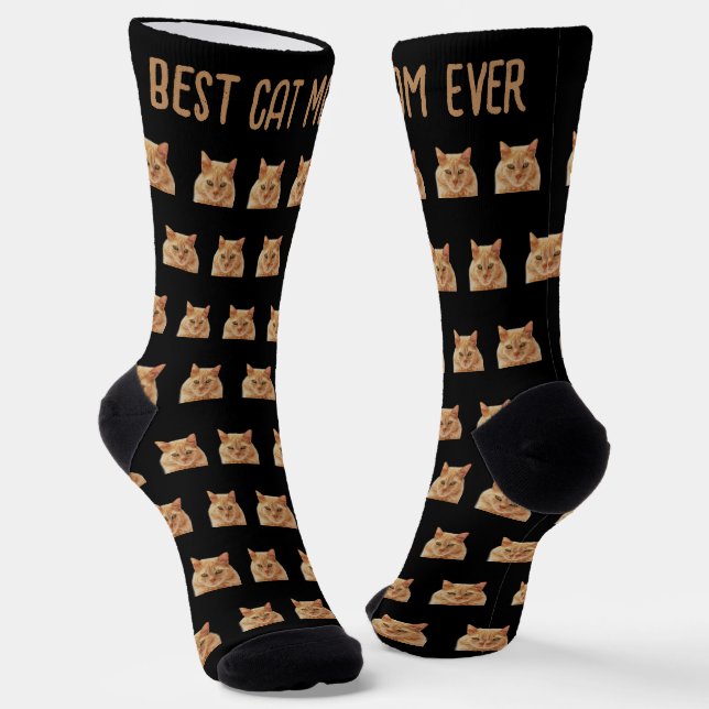 Pet Head Best Cat Mom Ever Photo Pattern Black Socks (Angled)