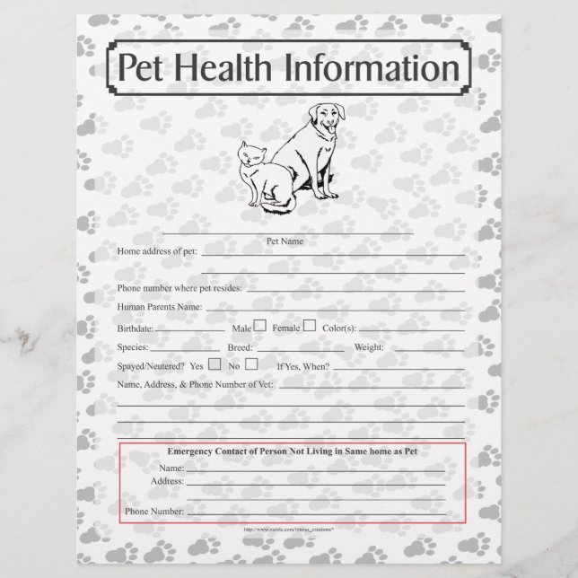 Pet Health Information Sheet page 1 (Front)