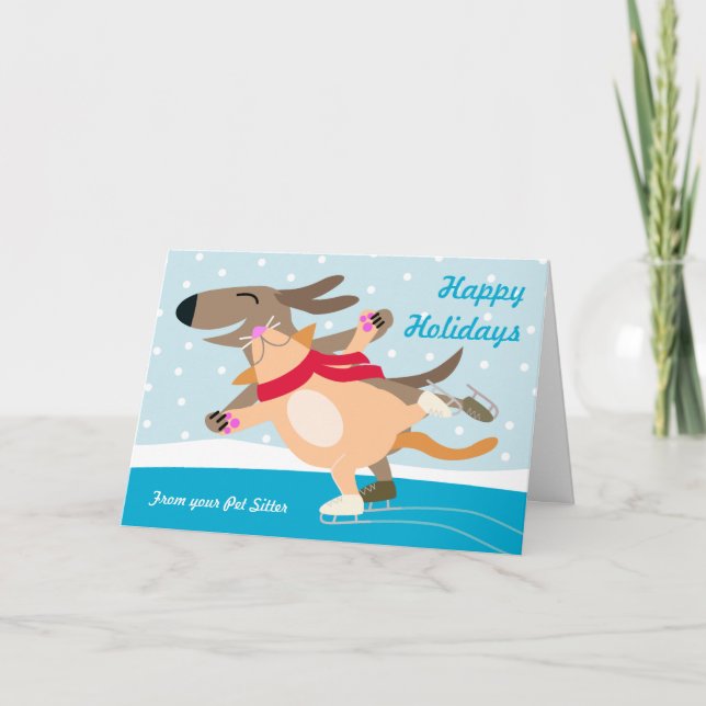 Pet Holiday-Dog & Cat Ice Skating Holiday Card (Front)