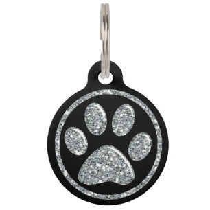 Pet ID Tag - Silver Bling Paw Print on Black