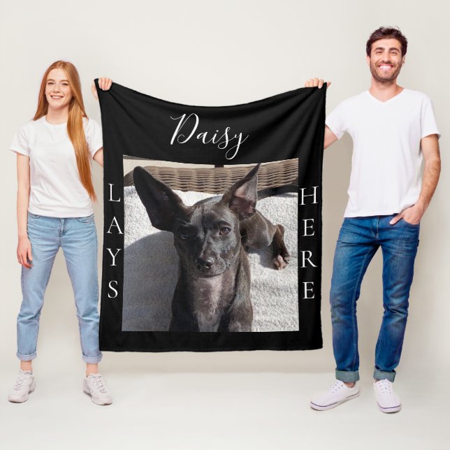 Pet Lays Here Black Custom Photo Fleece Blanket (In Situ)