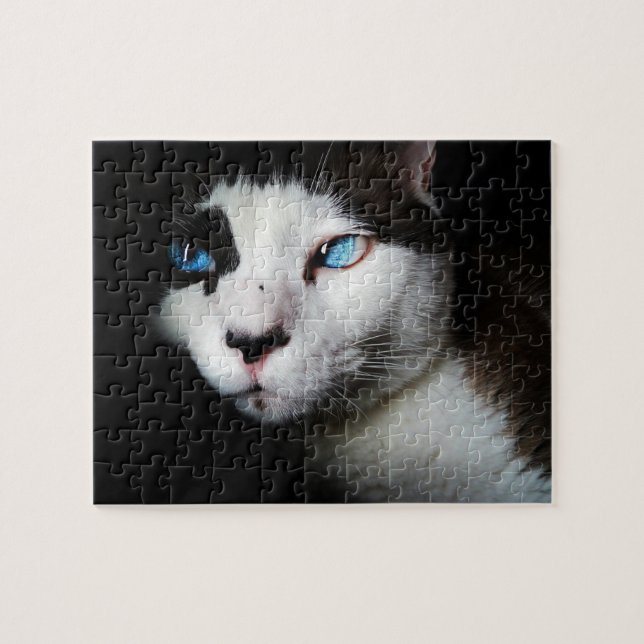 Pet Life | Black White Siamese Cat Blue Eyes Photo Jigsaw Puzzle (Horizontal)
