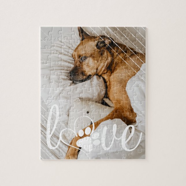 Pet Life Love | Paw Print Heart Script Photo Jigsaw Puzzle (Vertical)