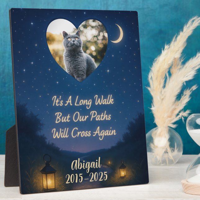 Pet Loss Memorial Heart Moon Cat Loss Sympathy Plaque (Celestial pet memorial photo plaque for cat loss—a heartfelt sympathy gift idea for a pet parent.)