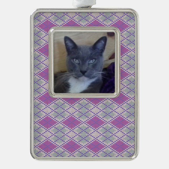 PET LOVE Framed Vert Ornament / Lilac Argyle Knit (Front)