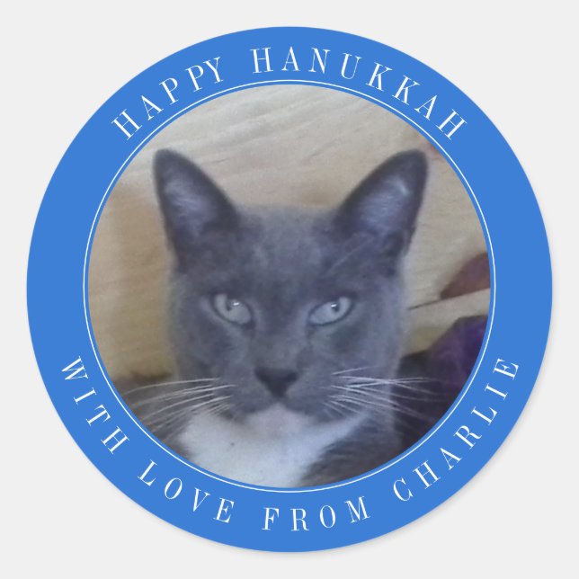 PET LOVE Large Round Hanukkah Stickers / Blue (Front)