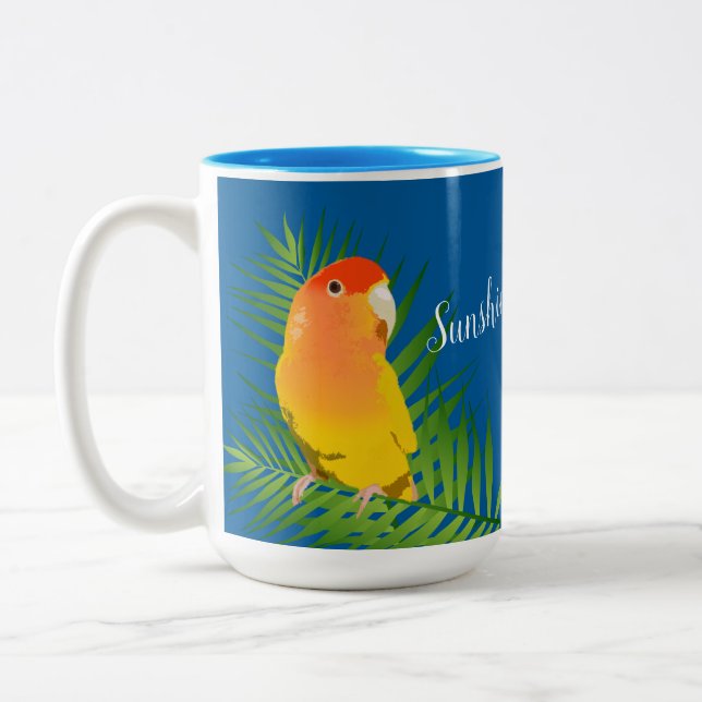 Pet Lovebird Parrot Yellow Lutino Leaves Blue Name Two-Tone Coffee Mug (Left)