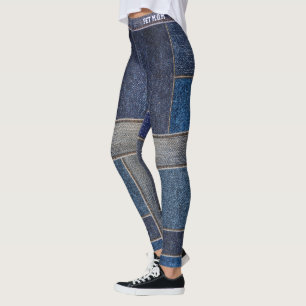 Pet Lover Cat Mom Faux Denim Patchwork Blue Jeans Leggings
