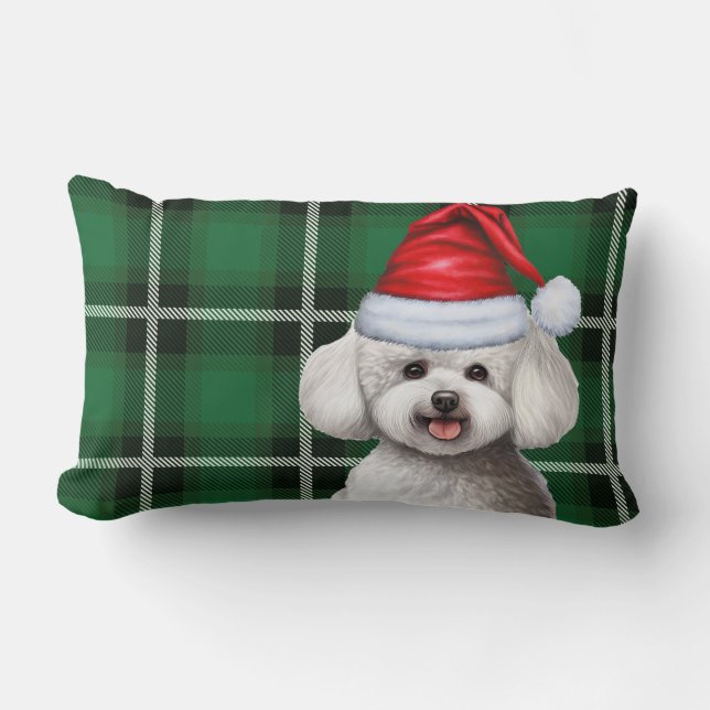 Pet Lover Christmas Bichon Frise Dog Green Plaid Lumbar Cushion (Front)