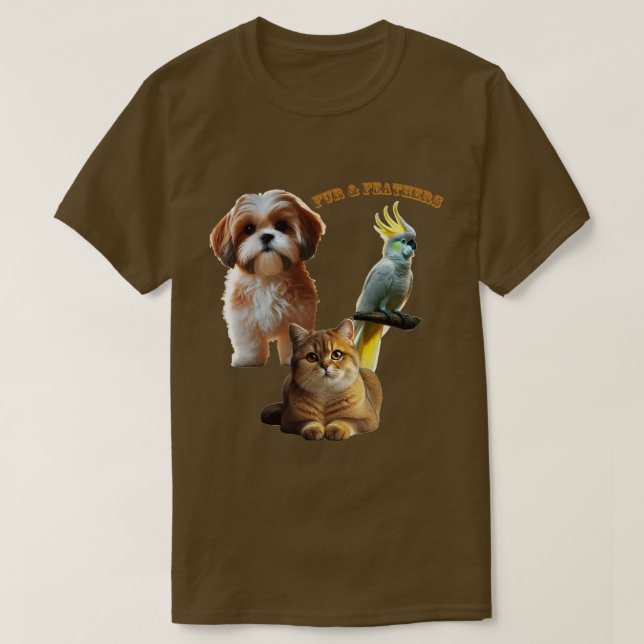 Pet Lover of Fur & Feathers Dog, Cat, and Bird URM T-Shirt (Design Front)