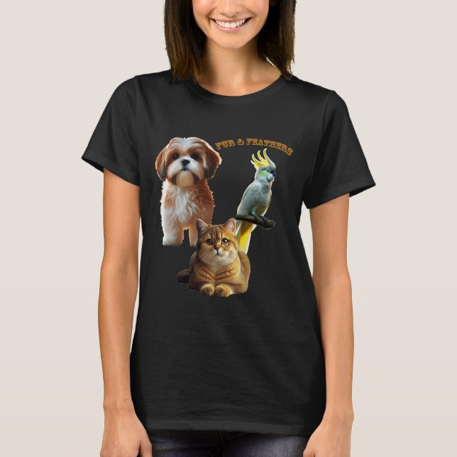 Pet Lover of Fur & Feathers Dog, Cat, and Bird URM T-Shirt (Front)