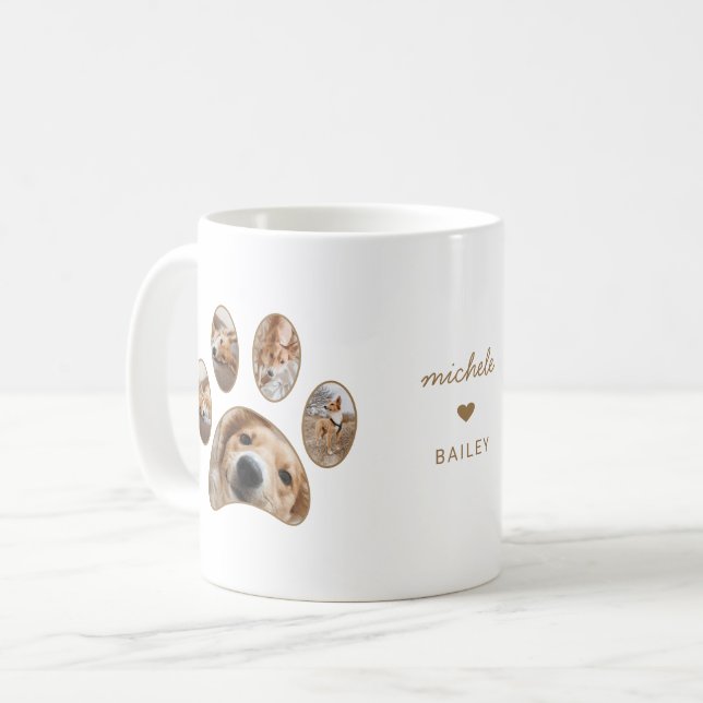 Pet Lovers Gold Paw Print Name Photo Collage Coffee Mug (Front Left)